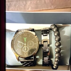 Men's Black Stainless Steel Watch and Bracelet Set